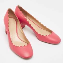 Pre Owned Chloe Coral Pink Scalloped Leather Lauren Block Heel Pumps Size 38.5