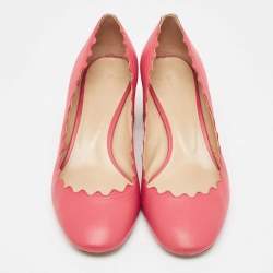 Pre Owned Chloe Coral Pink Scalloped Leather Lauren Block Heel Pumps Size 38.5