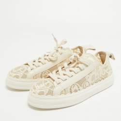 Pre Owned Chloe Cream Leather and Mesh Lauren Lace Up Sneakers Size 41
