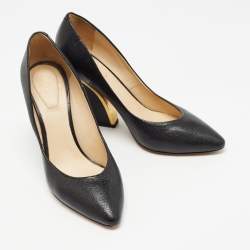 Pre Owned Chloe Black Leather Block Heel Pumps Size 37.5