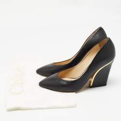 Pre Owned Chloe Black Leather Block Heel Pumps Size 37.5