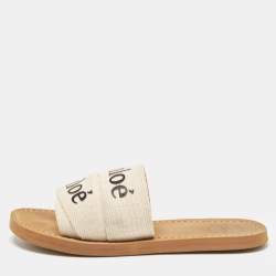 Pre Owned Chloe White/Beige Canvas Woody Slide Flats Size 36