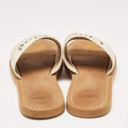 Pre Owned Chloe White/Beige Canvas Woody Slide Flats Size 36