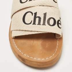 Pre Owned Chloe White/Beige Canvas Woody Slide Flats Size 36