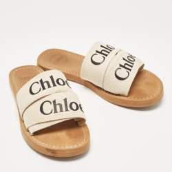 Pre Owned Chloe White/Beige Canvas Woody Slide Flats Size 36