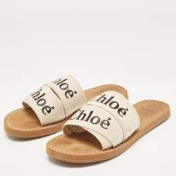 Pre Owned Chloe White/Beige Canvas Woody Slide Flats Size 36