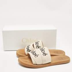 Pre Owned Chloe White/Beige Canvas Woody Slide Flats Size 36