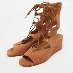 Chloe Brown Suede Caged Tie Up Ghillie Wedge Sandals Size 39