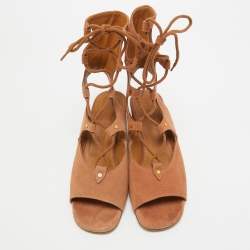 Chloe Brown Suede Caged Tie Up Ghillie Wedge Sandals Size 39
