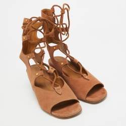 Chloe Brown Suede Caged Tie Up Ghillie Wedge Sandals Size 39