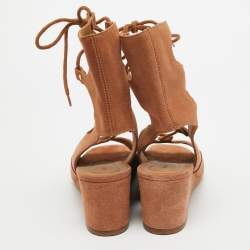 Chloe Brown Suede Caged Tie Up Ghillie Wedge Sandals Size 39