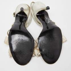 Pre Owned Chloe Silver Leather Crystal Embellished Bow Detail Ankle Strap Sandals Size 37.5