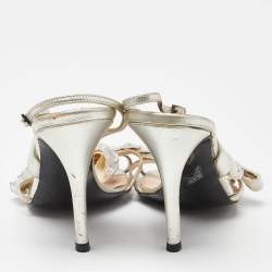 Pre Owned Chloe Silver Leather Crystal Embellished Bow Detail Ankle Strap Sandals Size 37.5