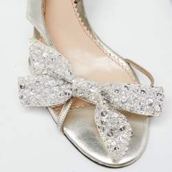 Pre Owned Chloe Silver Leather Crystal Embellished Bow Detail Ankle Strap Sandals Size 37.5