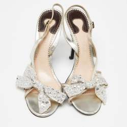 Pre Owned Chloe Silver Leather Crystal Embellished Bow Detail Ankle Strap Sandals Size 37.5