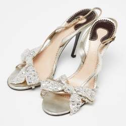 Pre Owned Chloe Silver Leather Crystal Embellished Bow Detail Ankle Strap Sandals Size 37.5