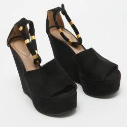 Chloe Black Suede Platform Wedge Ankle Strap Sandals Size 39