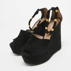 Chloe Black Suede Platform Wedge Ankle Strap Sandals Size 39