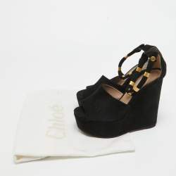 Chloe Black Suede Platform Wedge Ankle Strap Sandals Size 39