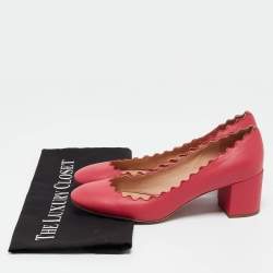 مملوكة مسبقًا Chloe Pink Leather Scalloped Block Heel Pumps Size 36