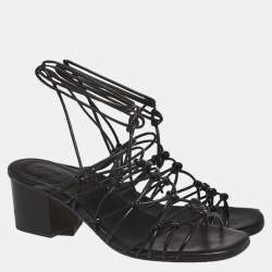 مملوكة مسبقًا Chloe Black Leather Jamie Knot Ankle Wrap Sandals Size 38.5