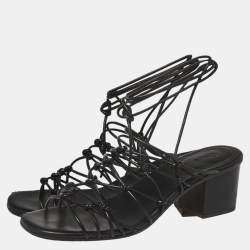 مملوكة مسبقًا Chloe Black Leather Jamie Knot Ankle Wrap Sandals Size 38.5
