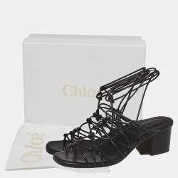 مملوكة مسبقًا Chloe Black Leather Jamie Knot Ankle Wrap Sandals Size 38.5