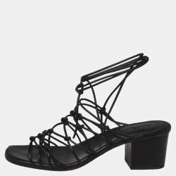 مملوكة مسبقًا Chloe Black Leather Jamie Knot Ankle Wrap Sandals Size 38.5