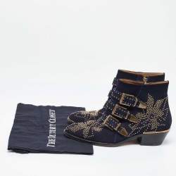 Pre Owned Chloe Blue Suede Western Studded Buckle Detail Ankle Boots Size 37