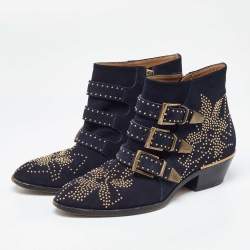 Pre Owned Chloe Blue Suede Western Studded Buckle Detail Ankle Boots Size 37