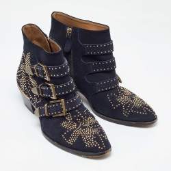 Pre Owned Chloe Blue Suede Western Studded Buckle Detail Ankle Boots Size 37