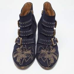 Pre Owned Chloe Blue Suede Western Studded Buckle Detail Ankle Boots Size 37