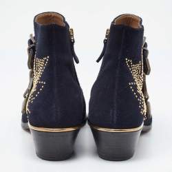 Pre Owned Chloe Blue Suede Western Studded Buckle Detail Ankle Boots Size 37