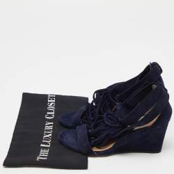 Chloe Navy Blue Suede Cross Strap Fringe Detail Wedge Sandals Size 36
