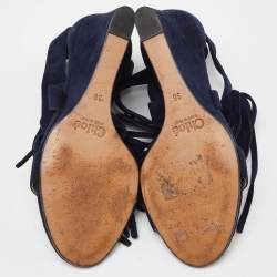 Chloe Navy Blue Suede Cross Strap Fringe Detail Wedge Sandals Size 36