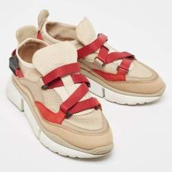 Chloe Beige/Maroon Mesh and Suede Sonnie Sneakers Size 37