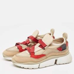 Chloe Beige/Maroon Mesh and Suede Sonnie Sneakers Size 37