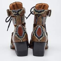 Chloe Multicolor Python Embossed Leather Rylee Cut Out Buckle Detail Ankle Boots Size 37.5