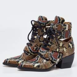 Chloe Multicolor Python Embossed Leather Rylee Cut Out Buckle Detail Ankle Boots Size 37.5