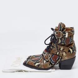 Chloe Multicolor Python Embossed Leather Rylee Cut Out Buckle Detail Ankle Boots Size 37.5