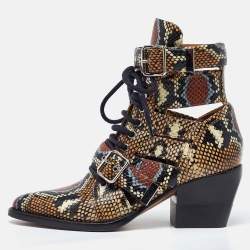 Chloe Multicolor Python Embossed Leather Rylee Cut Out Buckle Detail Ankle Boots Size 37.5