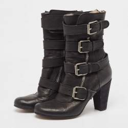 Pre Owned Chloe Black Leather Buckle Detail Block Heel Ankle Boots Size 38.5
