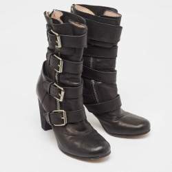 Pre Owned Chloe Black Leather Buckle Detail Block Heel Ankle Boots Size 38.5