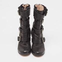 Pre Owned Chloe Black Leather Buckle Detail Block Heel Ankle Boots Size 38.5