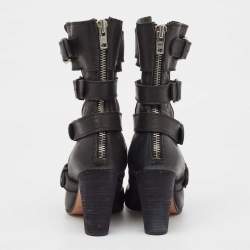 Pre Owned Chloe Black Leather Buckle Detail Block Heel Ankle Boots Size 38.5