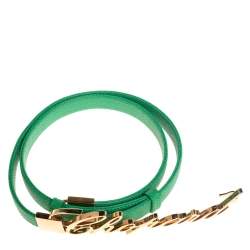 Pre Owned Chopard Green Grained Leather Logo Buckle Adjustable Belt 105CM