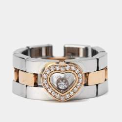 Pre Owned Chopard Happy Diamond Steel 18k Rose Gold Panther Link Flex Ring Size 55