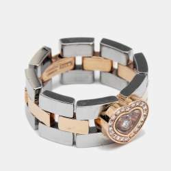 Pre Owned Chopard Happy Diamond Steel 18k Rose Gold Panther Link Flex Ring Size 55