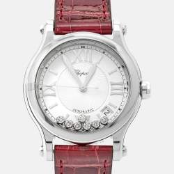 Chopard Silver Diamond Stainless Steel Alligator Leather Happy Sport 278559-3001 Women's Wristwatch 36 mm