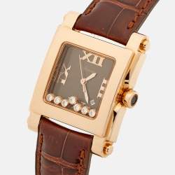 Chopard Brown 18K Rose Gold Diamond Alligator Leather Happy Sport 5321 Women's Wristwatch 29 mm